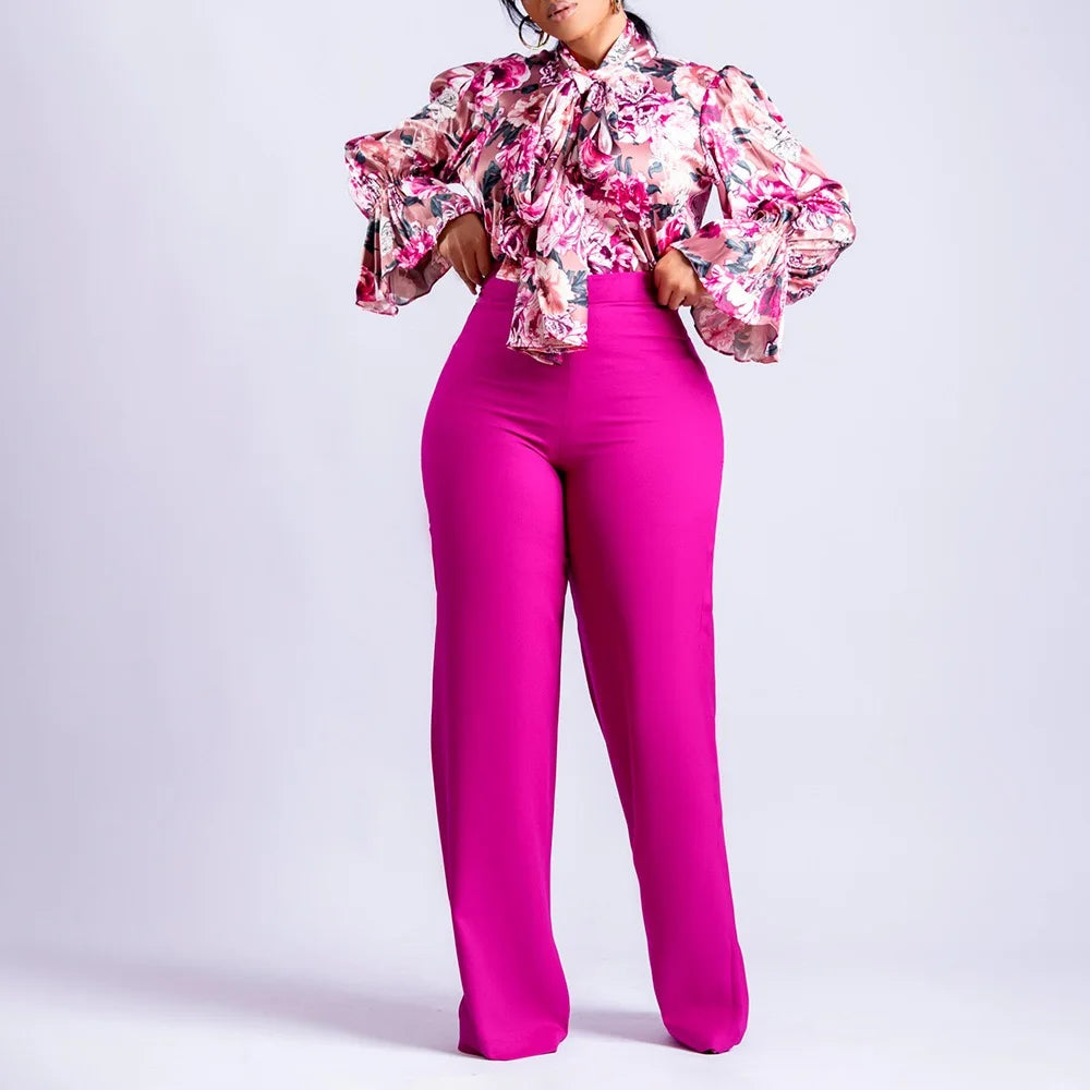 Women 2 Pieces Pants Sets Printed Blouse & Long Trousers Fashion Elegant Ladies Outfits Two Pieces Matching Pants Sets Clothes