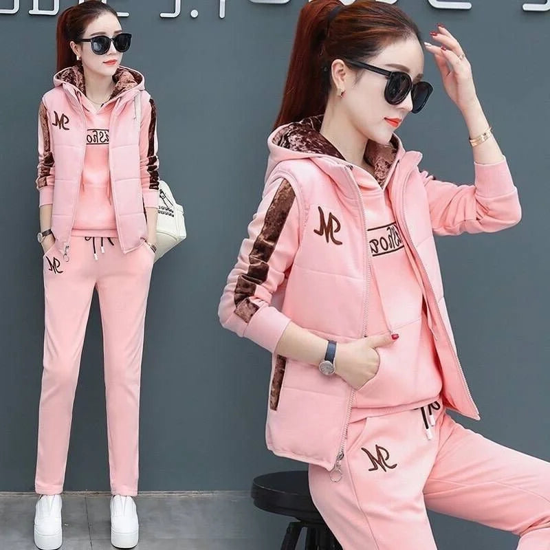 Women's Casual Fashion Autumn Winter New Sweat Suit Plush Thickened Hooded Tops and Waistcoat Pants 3 Three Piece Sets For Women