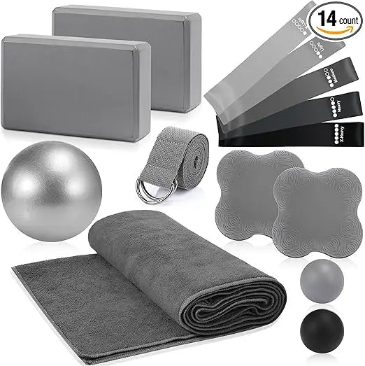 14 Pcs Yoga Kits for Home Workouts Pilates Equipment Set for Women Beginners Include Hot Yoga Towel Blocks Strap, Knee Pad, Resi