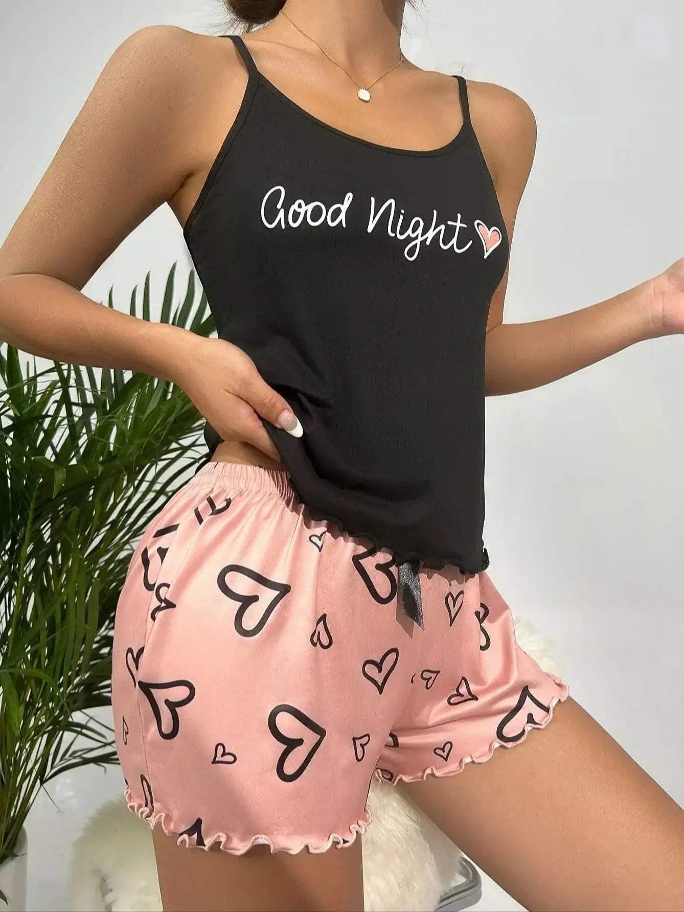 Women's pajamas new design a suspenders a pair of shorts two-piece pink pants black top love pattern cute elegant casual