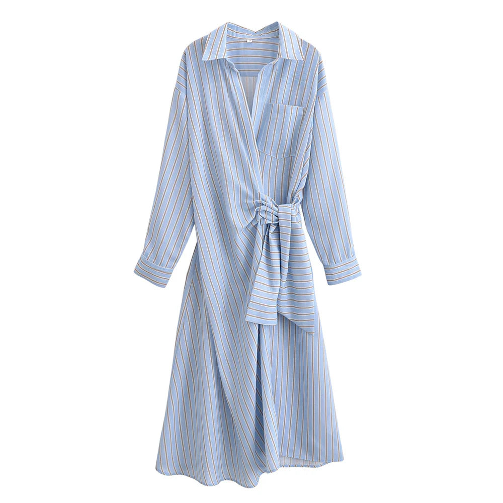 New women's clothing European and American style fashionable simple casual striped double breasted dress