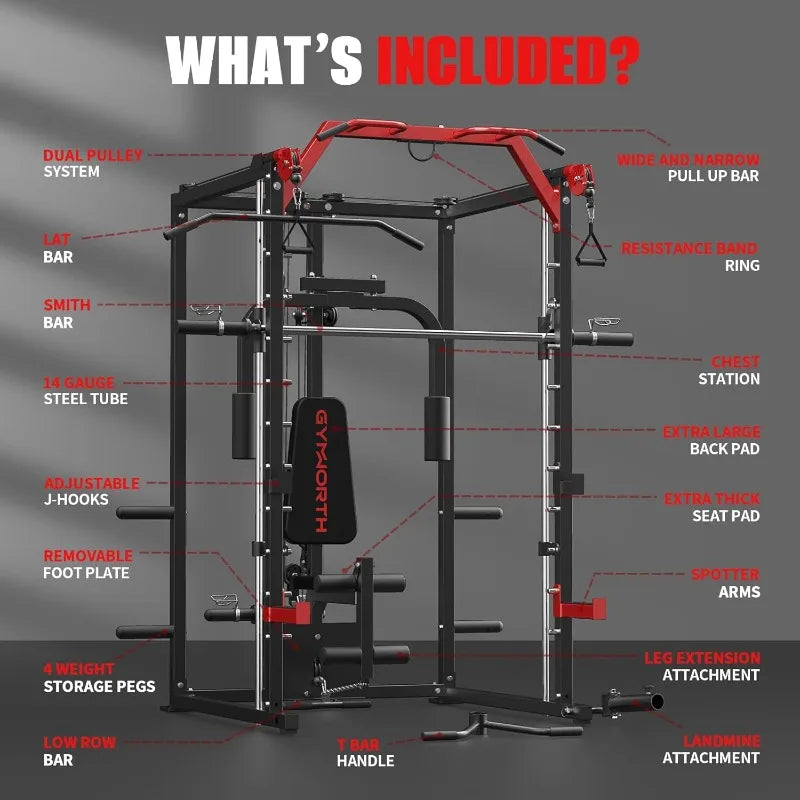 Power Rack with LAT Pulldown System, Power Cage with Cable System, Squat Rack for Home Gym with Chest Press Machine