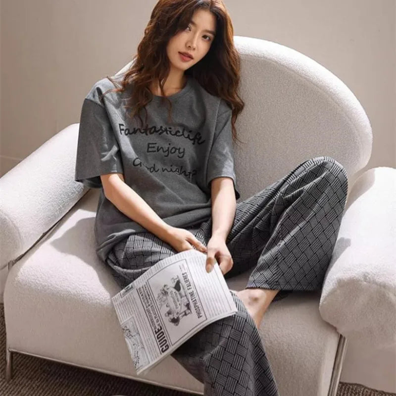 Women's Fall and Winter Pajamas Short-Sleeved Pants Suit Sleepwear Homewear Letters Strawberry Plaid Pants Nightwear Loungewear