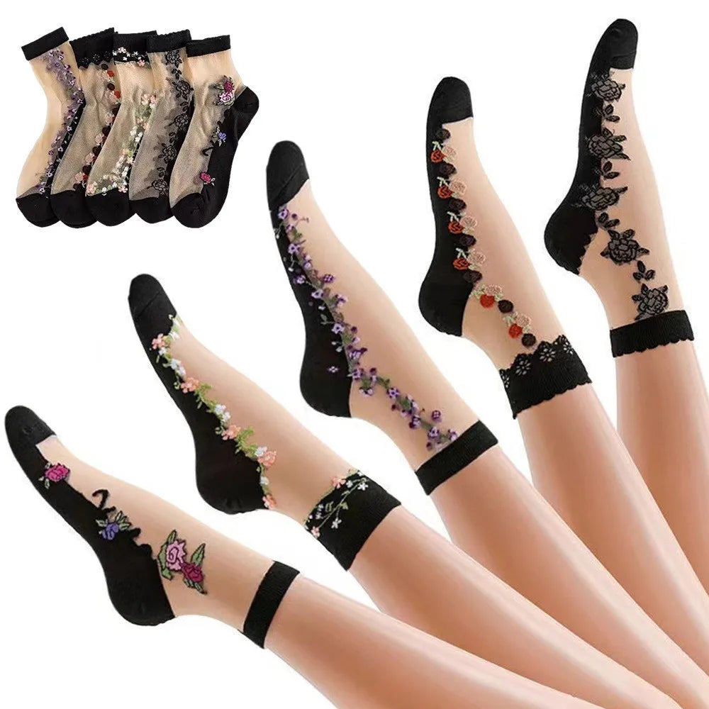 5 pairs of ice silk socks wholesale women's spring and summer mid tube socks breathable, anti slip, anti hook silk crystal thin