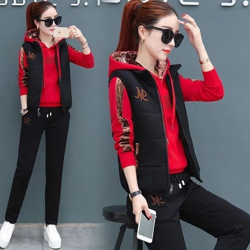 Women's Casual Fashion Autumn Winter New Sweat Suit Plush Thickened Hooded Tops and Waistcoat Pants 3 Three Piece Sets For Women