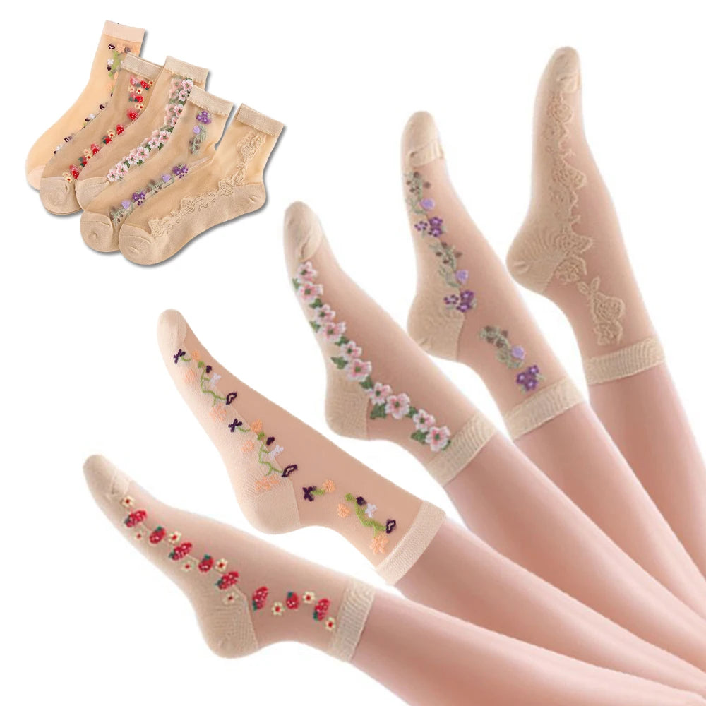 5 pairs of ice silk socks wholesale women's spring and summer mid tube socks breathable, anti slip, anti hook silk crystal thin