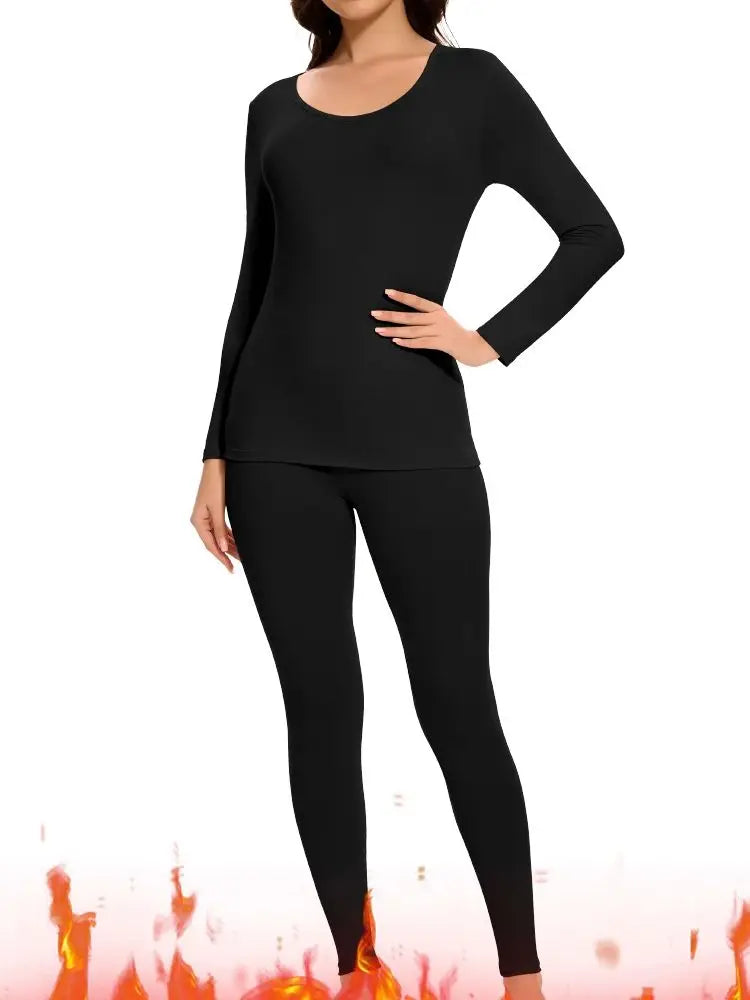 Women's Casual Warm Suit Long Sleeve Round Neck Bottoming Top Leggings Two-piece Set Solid Color Autumn Winter Outfits Female