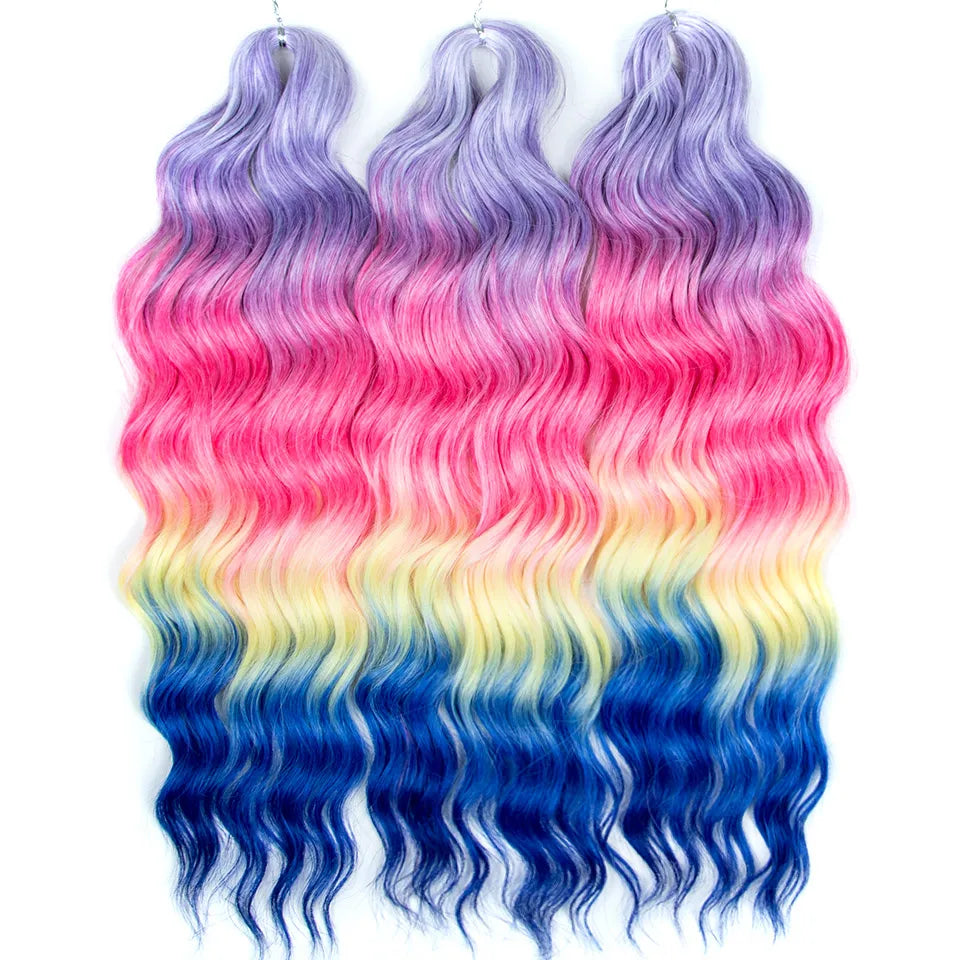 FASHION IDOL 24" 3pcs Deep Wave Curl Hair Synthetic Water Wave Braiding Hair Extensions Ombre Rainbow color Twist Crochet Hair