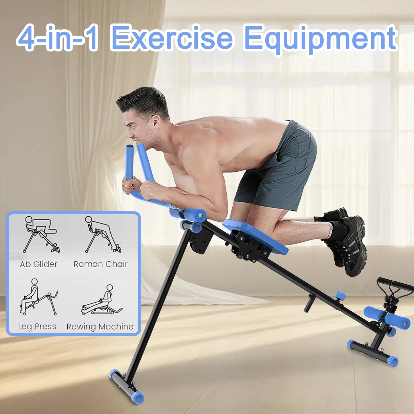 4-in-1 Ab Exercise Equipment - Rowing Machine, Leg Press Machine, Ab Glider Machine, Roman Chair, Fitness Workout Equipment for