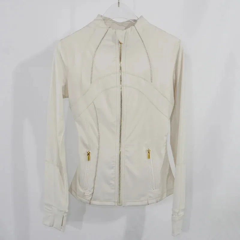 Women's Yoga Jacket with Golden Zipper | Slim Fit Stand Collar Cardigan | Anti-Slip Hem & Thumb Holes | Quick-Dry High Ela