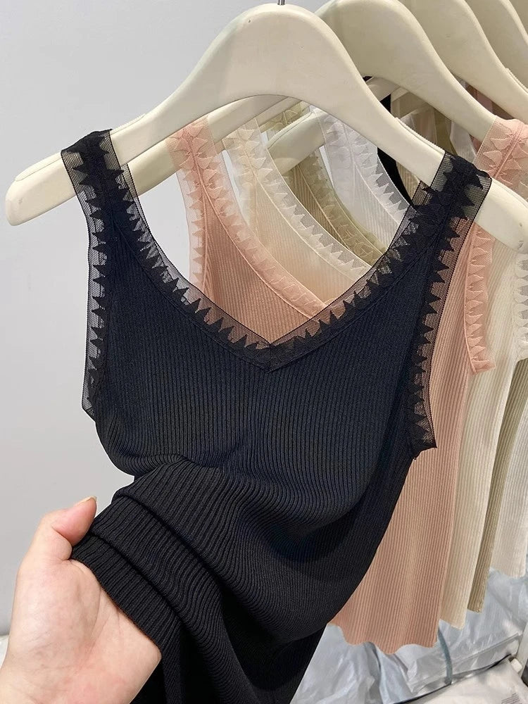Women Summer Fashion Thin Knitted Undershirt Sleeveless Pullover Corset Top Half High Neck Comfortable Breathable Lace Tank Top