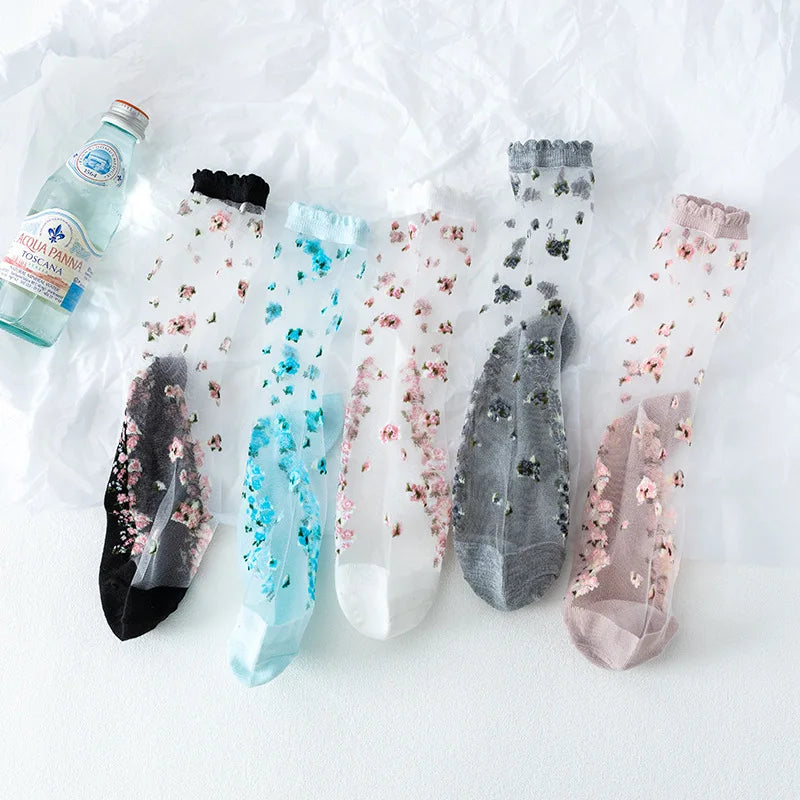 5 Pairs Women's Lace Socks Summer Fashion Sexy Transparent Thin Socks Women Non-slip Ultra-thin Socks Female Ankle Sock