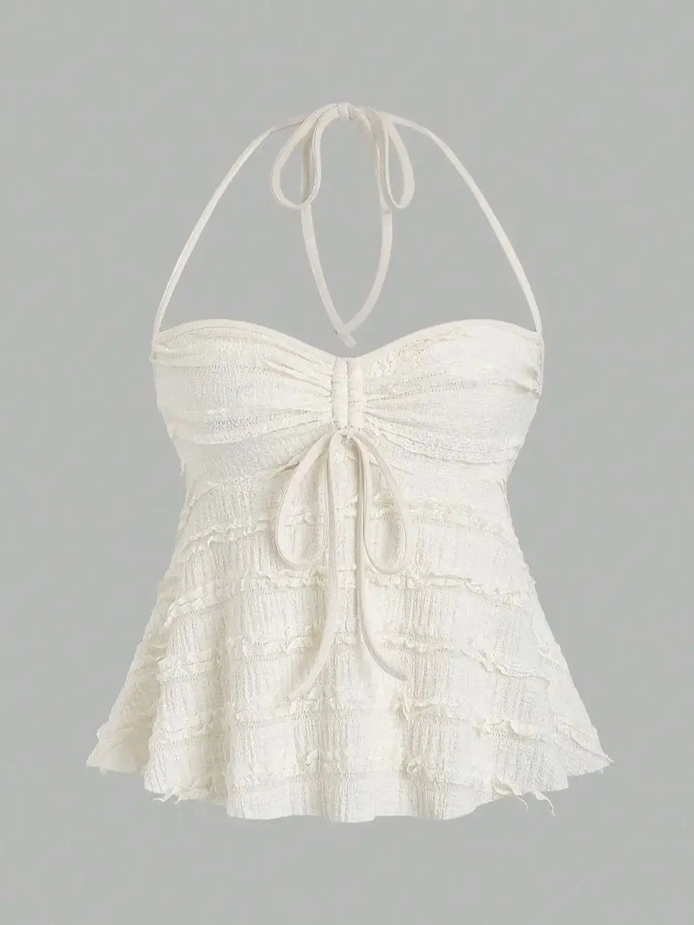Women's Summer Fashion Casual Apricot Drawstring Neck Knitted Lace Textured Short Halter Neck Lace Up Vest Top