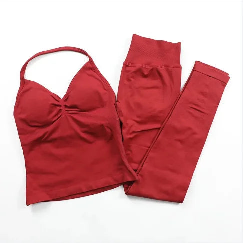 Omen's Lace-up Top and Leggings Set with Padded High Waist Folding and Seamless Design for Yoga Fitness and Gym Workouts