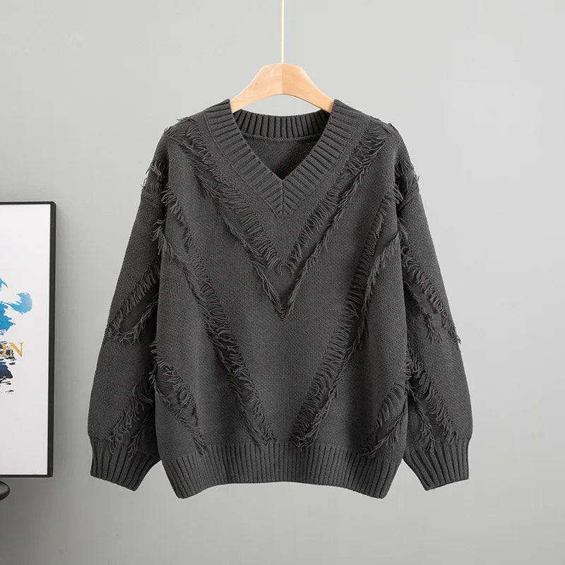 European and American New Women Clothing 2025 Autumn Lazy Wind Striped V-neck Sweater Loose Pullover Knitted Sweater Women
