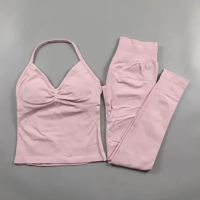 Omen's Lace-up Top and Leggings Set with Padded High Waist Folding and Seamless Design for Yoga Fitness and Gym Workouts