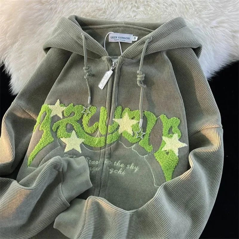 Fashion Embroidery Zip Up Hoodies Women Autumn Long Sleeve Tops Loose Hood Shirt Harajuku Y2K Clothes Female Sweatshirt Jacket - FitHealthHavenFitHealthHavenFitHealthHaven14:175;5:4182greenXXLFashion Embroidery Zip Up Hoodies Women Autumn Long Sleeve Tops Loose Hood Shirt Harajuku Y2K Clothes Female Sweatshirt Jacket