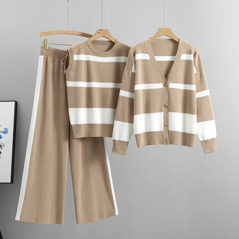 Women's Autumn Winter Fashion Loose Knitted Striped Suits Sleevesless Vest V Neck Cardigan Sweater Wide Leg Pants 3 Piece Set - FitHealthHavenFitHealthHavenFitHealthHaven14:200001438Khaki;5:200003528KhakiOne SizeWomen's Autumn Winter Fashion Loose Knitted Striped Suits Sleevesless Vest V Neck Cardigan Sweater Wide Leg Pants 3 Piece Set
