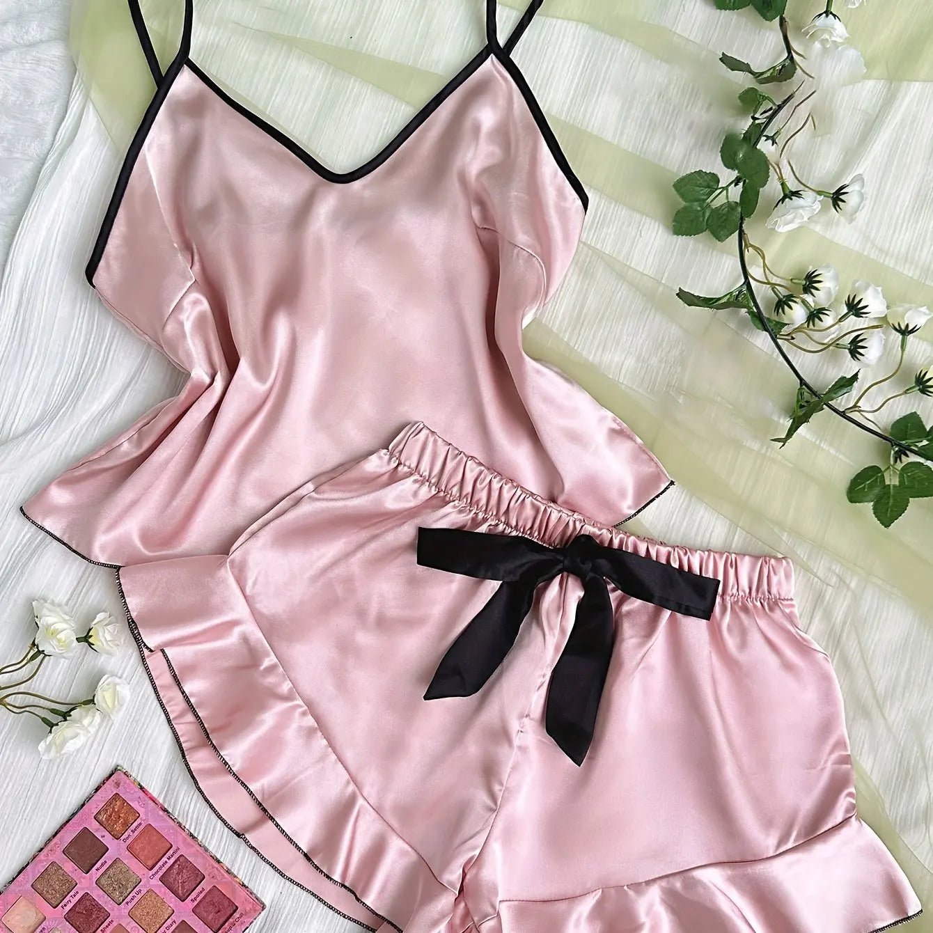 Women's Smooth Satin Pajamas V-Neck T-Shirt Ruffled Edges And Bow Shorts Simple And Breathable Pajama Set Sling Home Clothing - FitHealthHavenFitHealthHavenFitHealthHaven14:1052Pink;5:361386PinkMWomen's Smooth Satin Pajamas V-Neck T-Shirt Ruffled Edges And Bow Shorts Simple And Breathable Pajama Set Sling Home Clothing