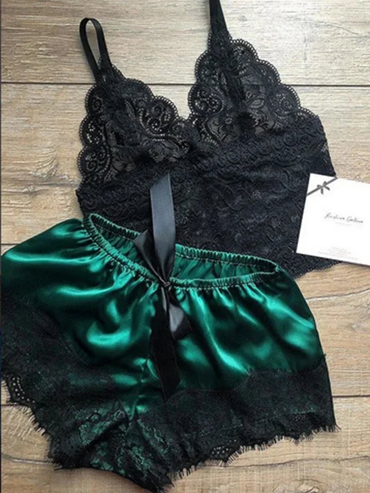 2 Pieces Pajamas Set for Women Sleepwear Sexy Lingerie Lace Silk Crop Tops and Shorts Sets Casual Nightwear Pijamas - FitHealthHavenFitHealthHavenFitHealthHaven14:175;5:361385greenL2 Pieces Pajamas Set for Women Sleepwear Sexy Lingerie Lace Silk Crop Tops and Shorts Sets Casual Nightwear Pijamas