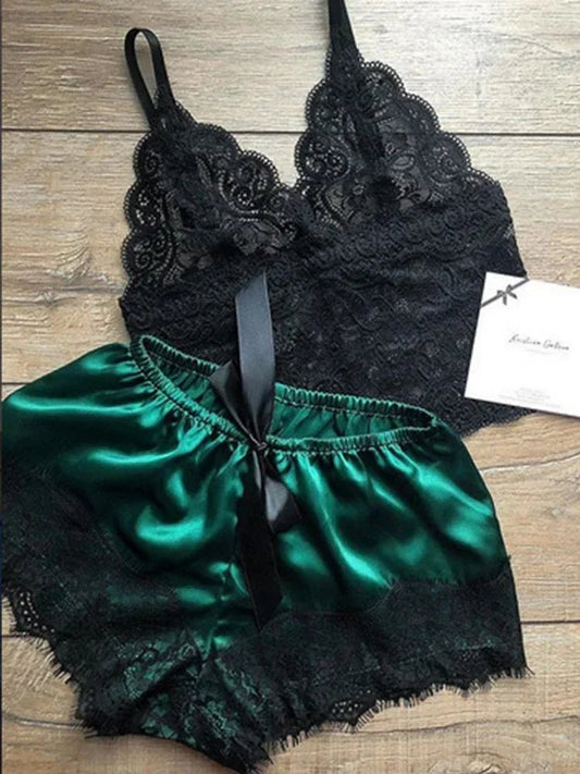 2 Pieces Pajamas Set for Women Sleepwear Sexy Lingerie Lace Silk Crop Tops and Shorts Sets Casual Nightwear Pijamas - FitHealthHavenFitHealthHavenFitHealthHaven14:175;5:361385greenL2 Pieces Pajamas Set for Women Sleepwear Sexy Lingerie Lace Silk Crop Tops and Shorts Sets Casual Nightwear Pijamas