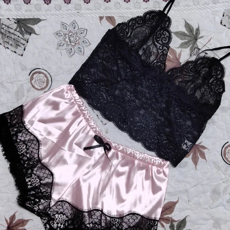 2 Pieces Pajamas Set for Women Sleepwear Sexy Lingerie Lace Silk Crop Tops and Shorts Sets Casual Nightwear Pijamas - FitHealthHavenFitHealthHavenFitHealthHaven14:1052;5:361386PinkM2 Pieces Pajamas Set for Women Sleepwear Sexy Lingerie Lace Silk Crop Tops and Shorts Sets Casual Nightwear Pijamas