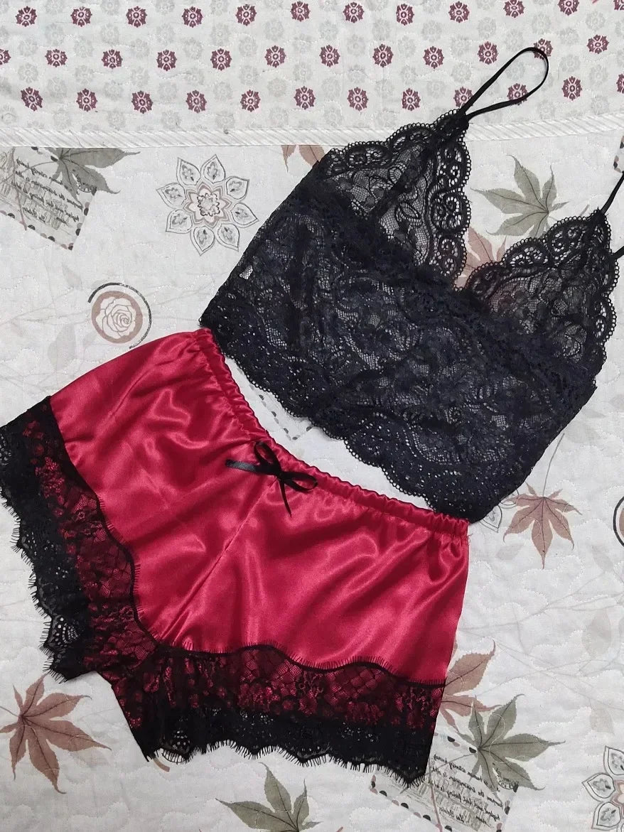2 Pieces Pajamas Set for Women Sleepwear Sexy Lingerie Lace Silk Crop Tops and Shorts Sets Casual Nightwear Pijamas - FitHealthHavenFitHealthHavenFitHealthHaven14:10;5:361386RedM2 Pieces Pajamas Set for Women Sleepwear Sexy Lingerie Lace Silk Crop Tops and Shorts Sets Casual Nightwear Pijamas