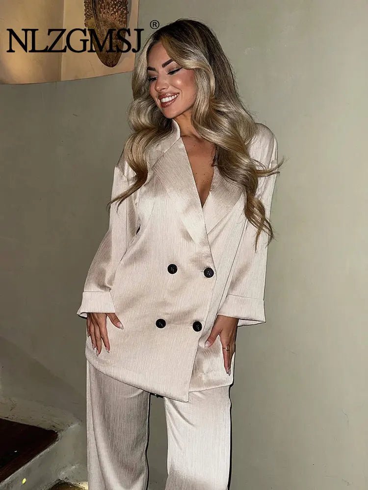 2024 Autumn Women Casual Blazer Coat Pants Set Long Sleeve Double Breasted Blazer + Wide Leg Trousers Lady Office Outfit - FitHealthHavenFitHealthHavenFitHealthHaven14:771as picture;5:872as pictureXS2024 Autumn Women Casual Blazer Coat Pants Set Long Sleeve Double Breasted Blazer + Wide Leg Trousers Lady Office Outfit