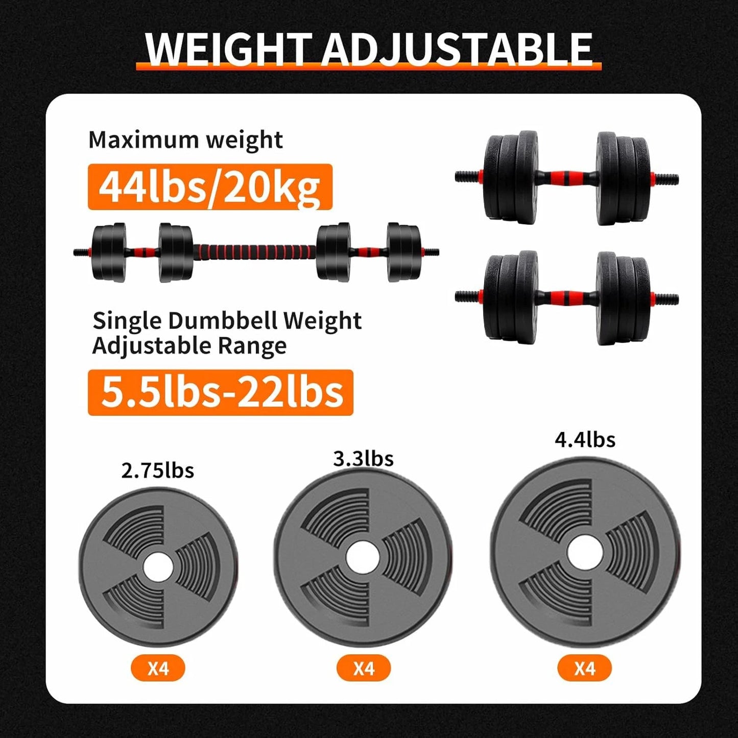 5-44lbs Adjustable Dumbbell to Barbell Set, Anti-Slip Grip, Versatile Home Gym Fitness Strength Training Barbell Weight Plates - FitHealthHavenFitHealthHavenFitHealthHaven200007763:201336106United States5-44lbs Adjustable Dumbbell to Barbell Set, Anti-Slip Grip, Versatile Home Gym Fitness Strength Training Barbell Weight Plates