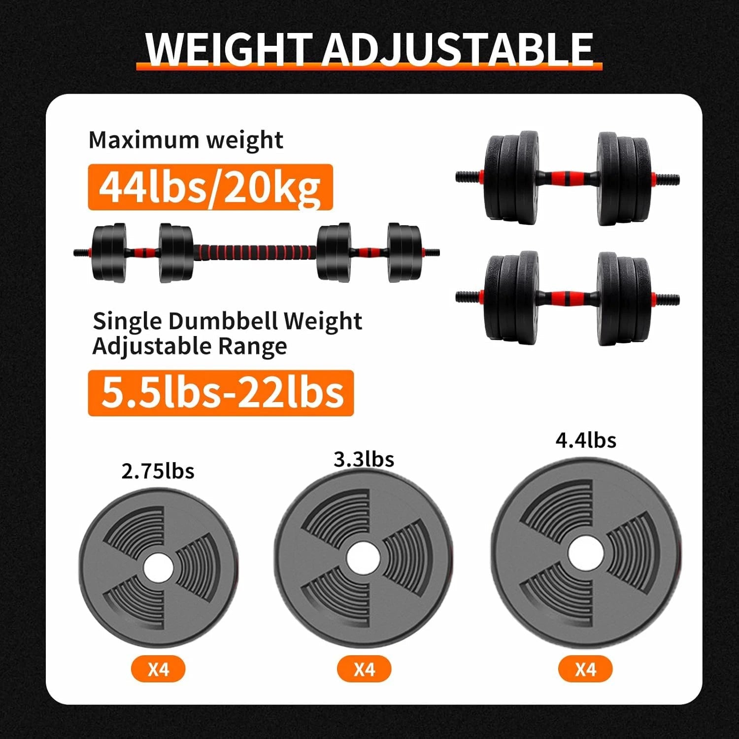 5-44lbs Adjustable Dumbbell to Barbell Set, Anti-Slip Grip, Versatile Home Gym Fitness Strength Training Barbell Weight Plates - FitHealthHavenFitHealthHavenFitHealthHaven200007763:201336106United States5-44lbs Adjustable Dumbbell to Barbell Set, Anti-Slip Grip, Versatile Home Gym Fitness Strength Training Barbell Weight Plates