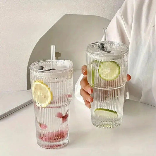 600ml Stripe Glass Cup with Lid and Straw Transparent Drinking Glasses for Juice Water and Iced Coffee Cups Mug Drinkware - FitHealthHavenFitHealthHavenFitHealthHaven14:193400ml;26:200007962400-600ml400ml400-600ml600ml Stripe Glass Cup with Lid and Straw Transparent Drinking Glasses for Juice Water and Iced Coffee Cups Mug Drinkware