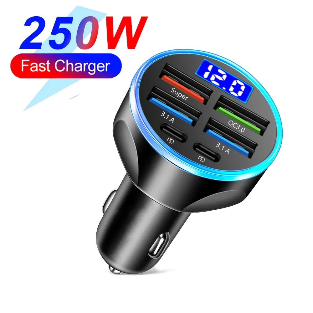 66-250W PD Car Charger QC3.0 Fast Charge One to Six Car Cigarette Lighter Plug Car Charger Flash Charge with Digital Display - FitHealthHavenFitHealthHavenFitHealthHaven200000182:296 Port Volt display6 Port Volt display66-250W PD Car Charger QC3.0 Fast Charge One to Six Car Cigarette Lighter Plug Car Charger Flash Charge with Digital Display