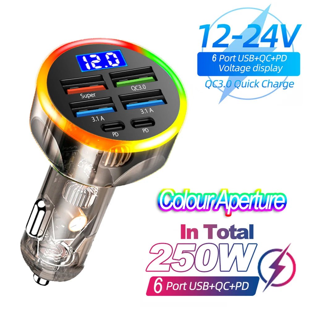 66-250W PD Car Charger QC3.0 Fast Charge One to Six Car Cigarette Lighter Plug Car Charger Flash Charge with Digital Display - FitHealthHavenFitHealthHavenFitHealthHaven200000182:3666-ports Colour6-ports Colour66-250W PD Car Charger QC3.0 Fast Charge One to Six Car Cigarette Lighter Plug Car Charger Flash Charge with Digital Display