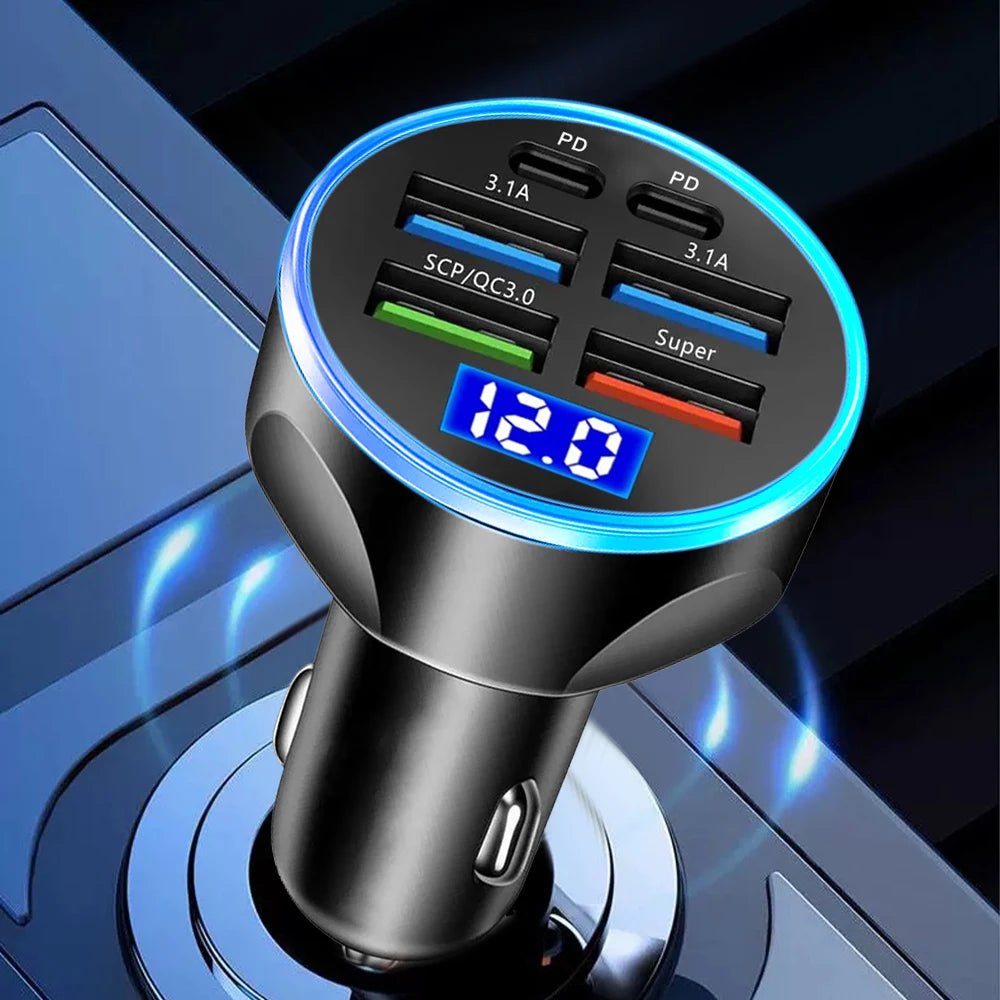 66-250W PD Car Charger QC3.0 Fast Charge One to Six Car Cigarette Lighter Plug Car Charger Flash Charge with Digital Display - FitHealthHavenFitHealthHavenFitHealthHaven200000182:104 Port Volt display4 Port Volt display66-250W PD Car Charger QC3.0 Fast Charge One to Six Car Cigarette Lighter Plug Car Charger Flash Charge with Digital Display