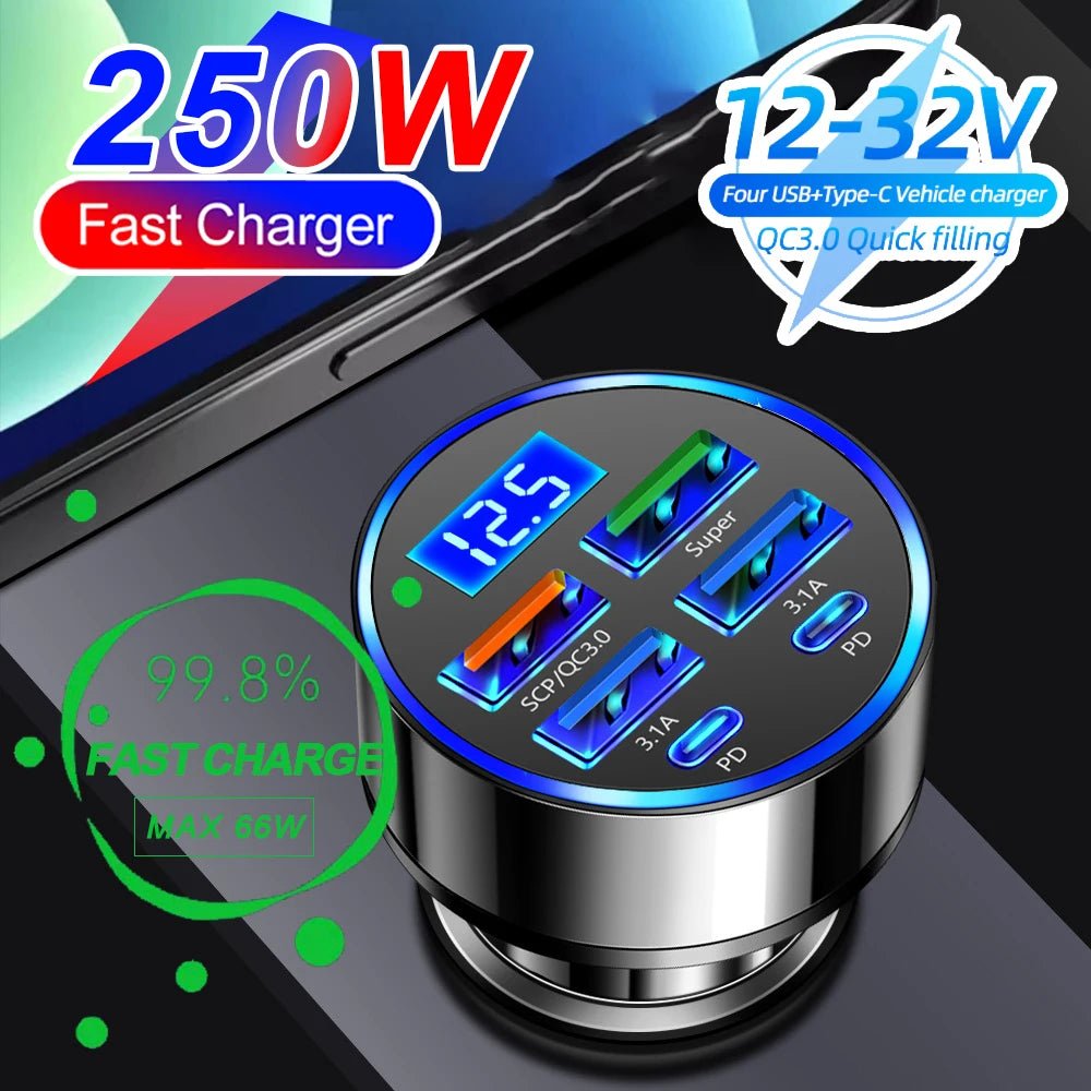 66-250W PD Car Charger QC3.0 Fast Charge One to Six Car Cigarette Lighter Plug Car Charger Flash Charge with Digital Display - FitHealthHavenFitHealthHavenFitHealthHaven200000182:104 Port Volt display4 Port Volt display66-250W PD Car Charger QC3.0 Fast Charge One to Six Car Cigarette Lighter Plug Car Charger Flash Charge with Digital Display