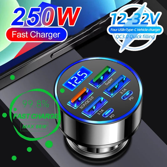 66-250W PD Car Charger QC3.0 Fast Charge One to Six Car Cigarette Lighter Plug Car Charger Flash Charge with Digital Display - FitHealthHavenFitHealthHavenFitHealthHaven200000182:104 Port Volt display4 Port Volt display66-250W PD Car Charger QC3.0 Fast Charge One to Six Car Cigarette Lighter Plug Car Charger Flash Charge with Digital Display