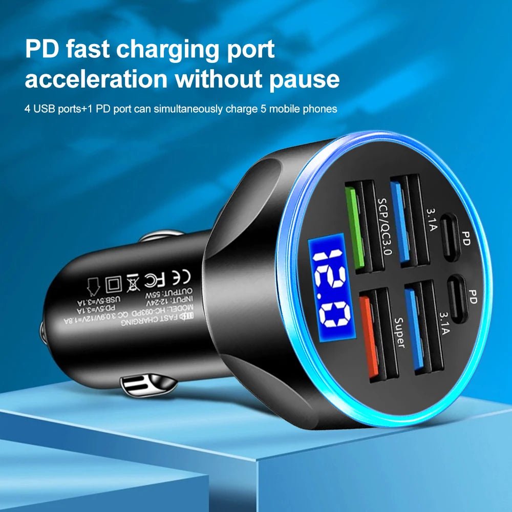 66-250W PD Car Charger QC3.0 Fast Charge One to Six Car Cigarette Lighter Plug Car Charger Flash Charge with Digital Display - FitHealthHavenFitHealthHavenFitHealthHaven200000182:104 Port Volt display4 Port Volt display66-250W PD Car Charger QC3.0 Fast Charge One to Six Car Cigarette Lighter Plug Car Charger Flash Charge with Digital Display