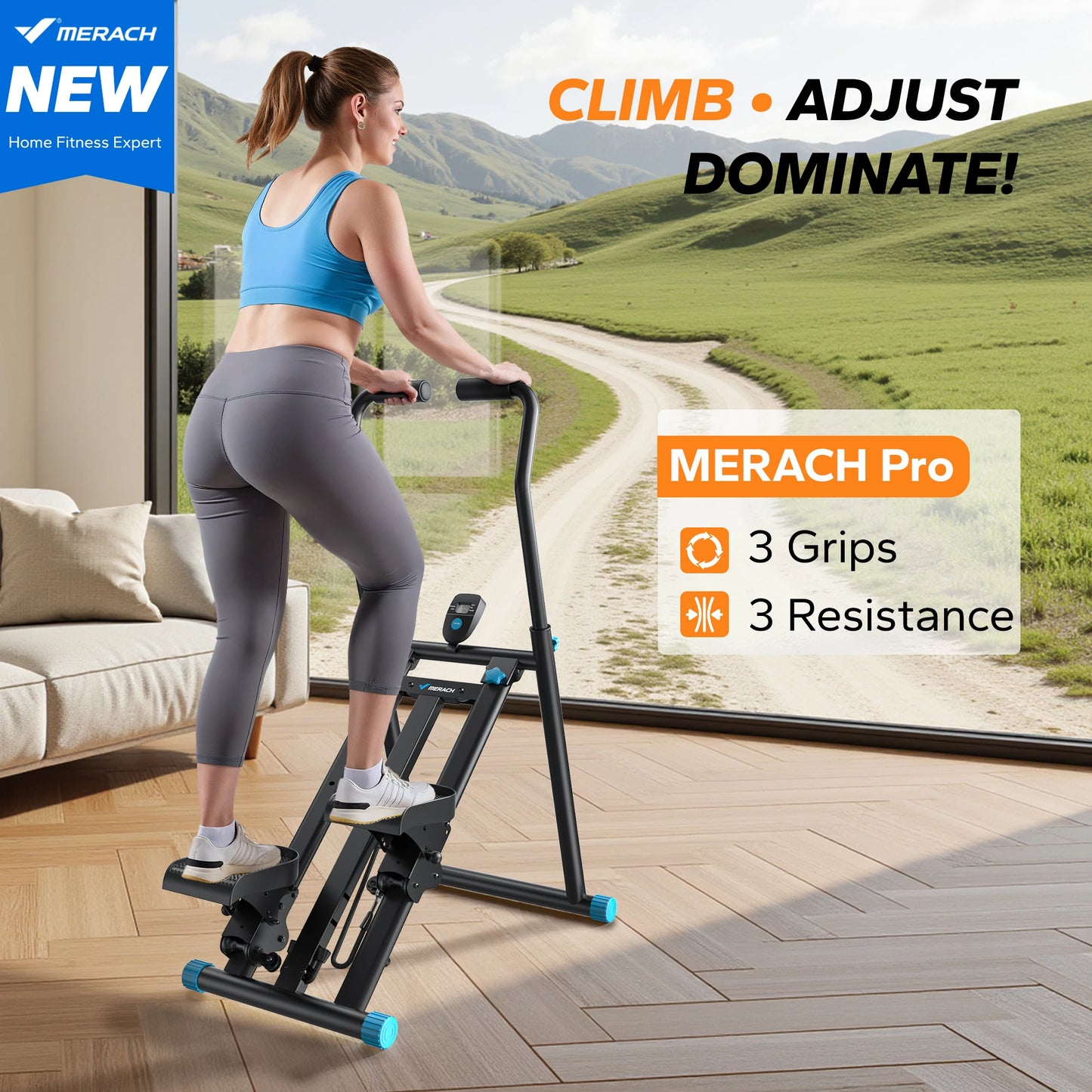 MERACH Stair Stepper New Version Vertical Compact Folding Exercise Climber with Extended Step Range Adjustable Handlebar&Pedals