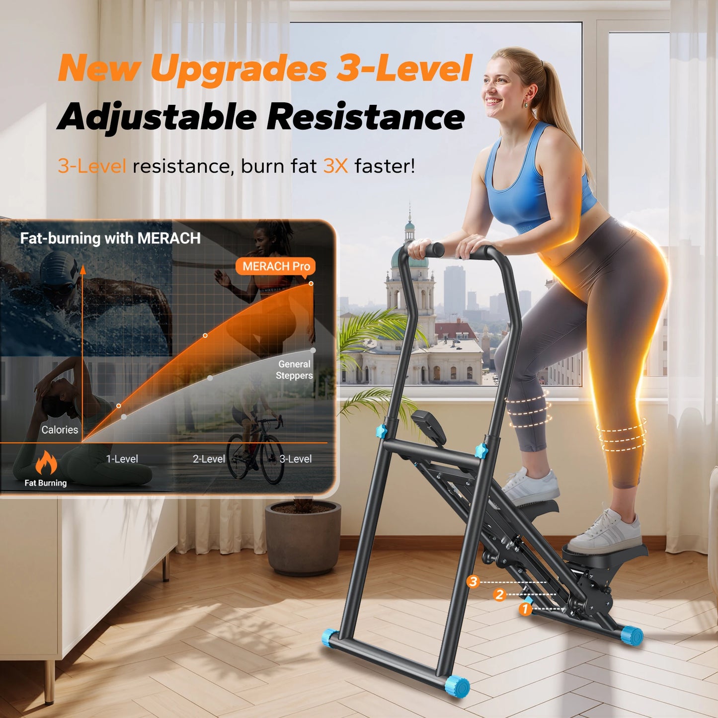 MERACH Stair Stepper New Version Vertical Compact Folding Exercise Climber with Extended Step Range Adjustable Handlebar&Pedals
