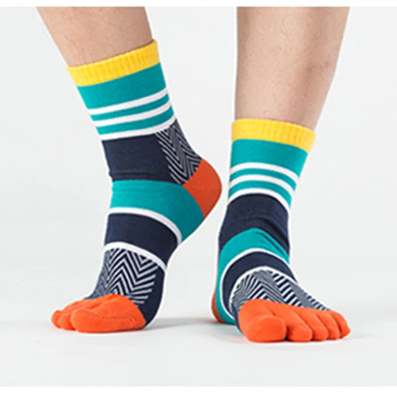 Spring Summer Cotton Toe Socks Mens Striped Contrast Colorful Patchwork Men Five Finger Socks Basket Calcetines