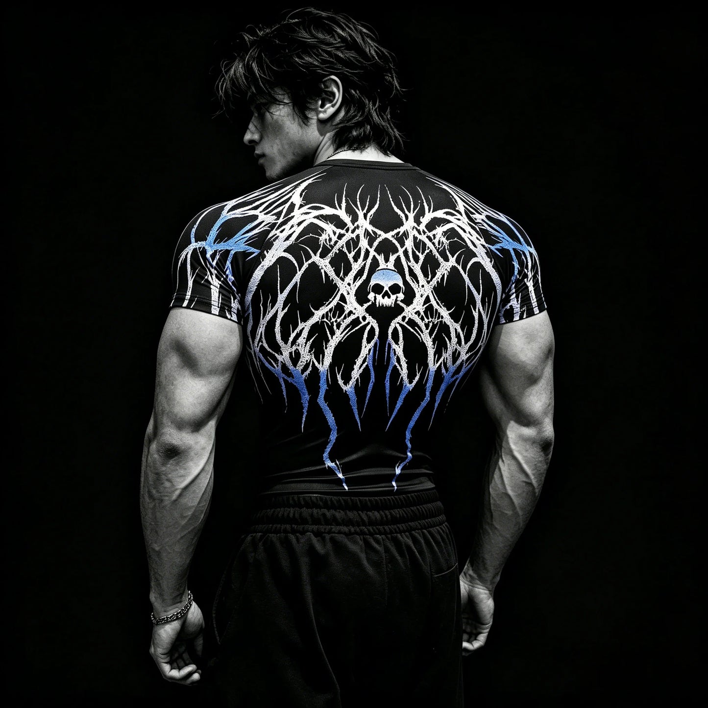 Men's Purple Skull Thorn Back Print Compression T-Shirt, Breathable Quick Dry High Elastic Short Sleeve Gym Workout Athletic Fit