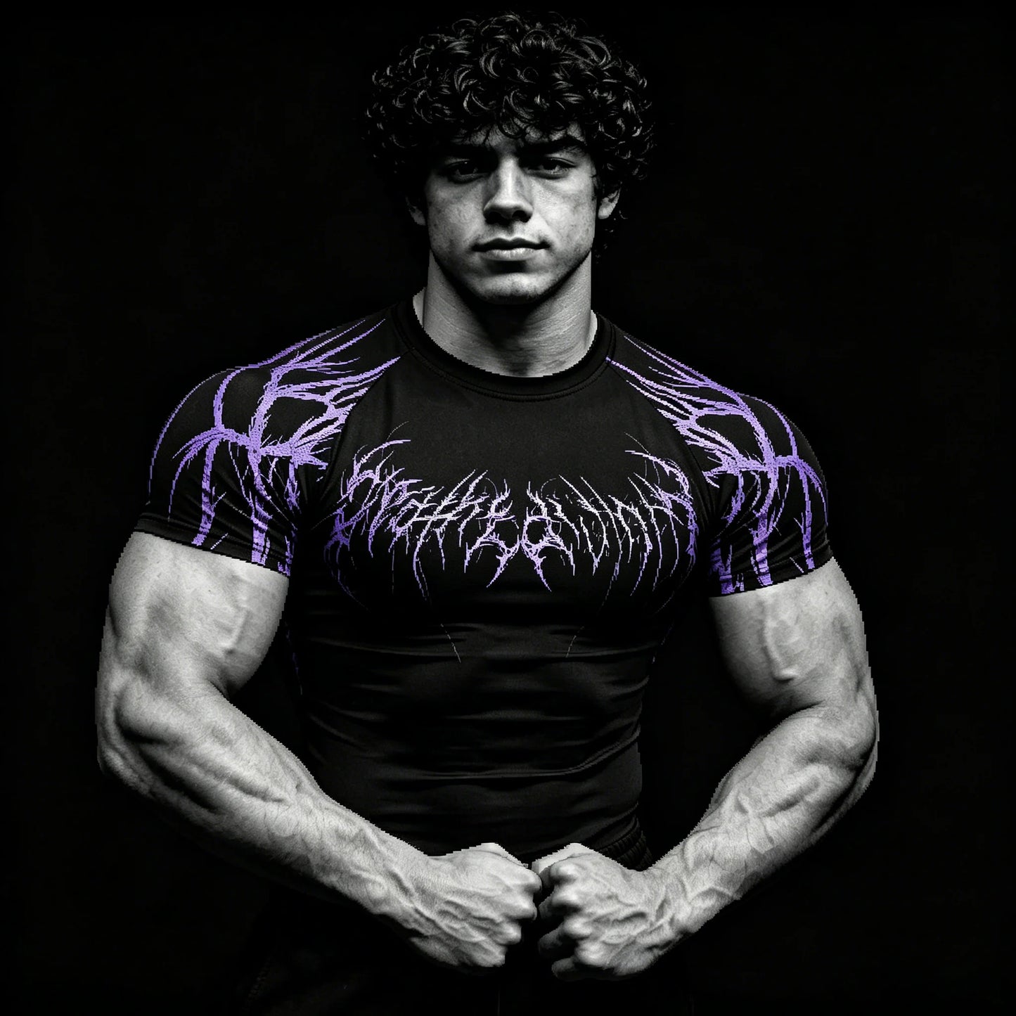 Men's Purple Skull Thorn Back Print Compression T-Shirt, Breathable Quick Dry High Elastic Short Sleeve Gym Workout Athletic Fit