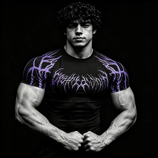 Men's Purple Skull Thorn Back Print Compression T-Shirt, Breathable Quick Dry High Elastic Short Sleeve Gym Workout Athletic Fit