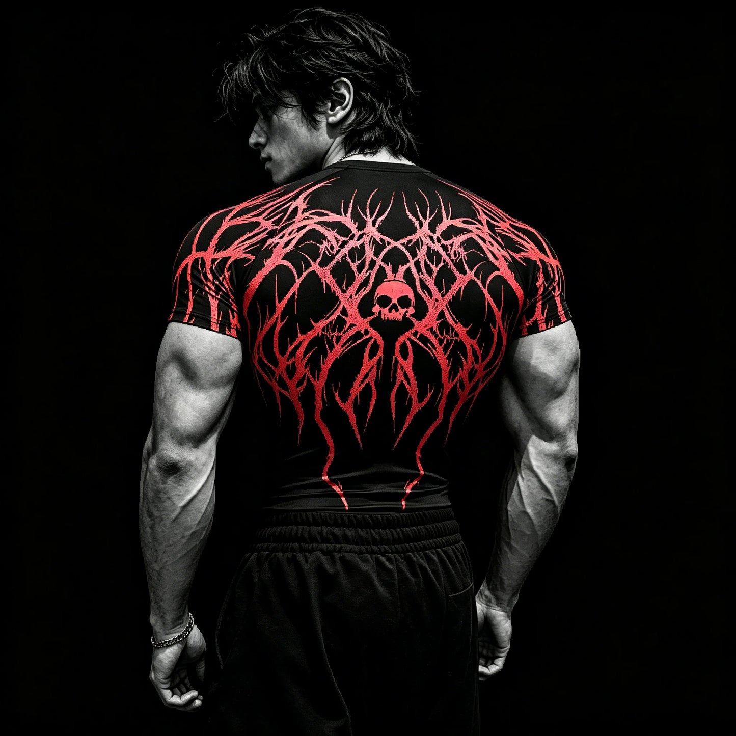 Men's Purple Skull Thorn Back Print Compression T-Shirt, Breathable Quick Dry High Elastic Short Sleeve Gym Workout Athletic Fit
