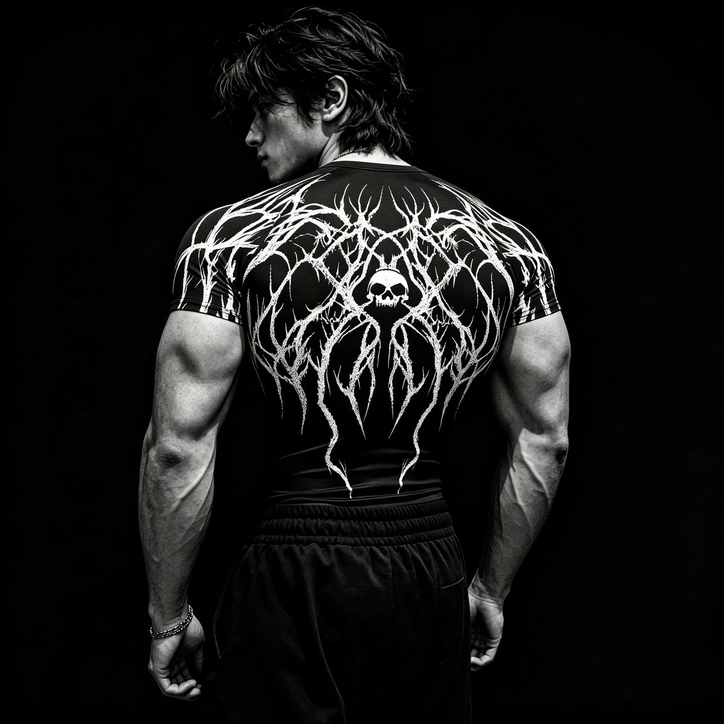 Men's Purple Skull Thorn Back Print Compression T-Shirt, Breathable Quick Dry High Elastic Short Sleeve Gym Workout Athletic Fit