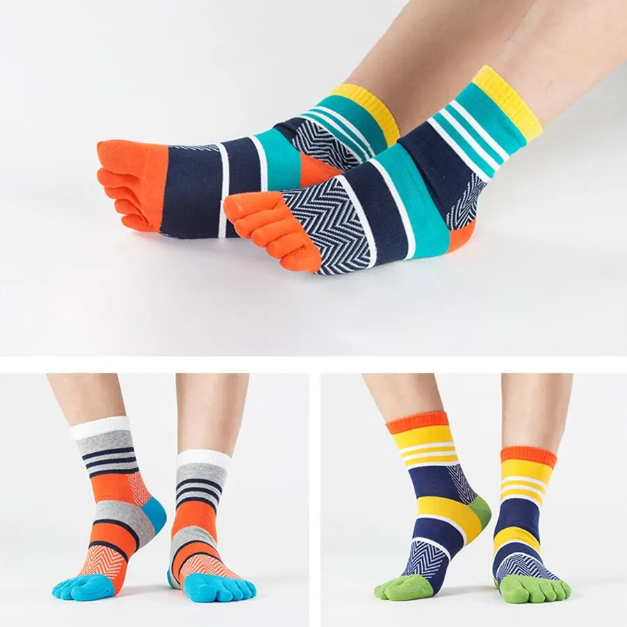 Spring Summer Cotton Toe Socks Mens Striped Contrast Colorful Patchwork Men Five Finger Socks Basket Calcetines