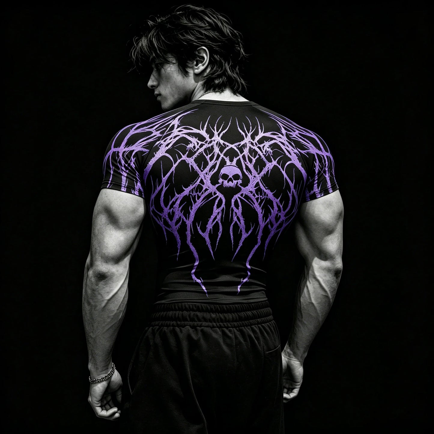 Men's Purple Skull Thorn Back Print Compression T-Shirt, Breathable Quick Dry High Elastic Short Sleeve Gym Workout Athletic Fit