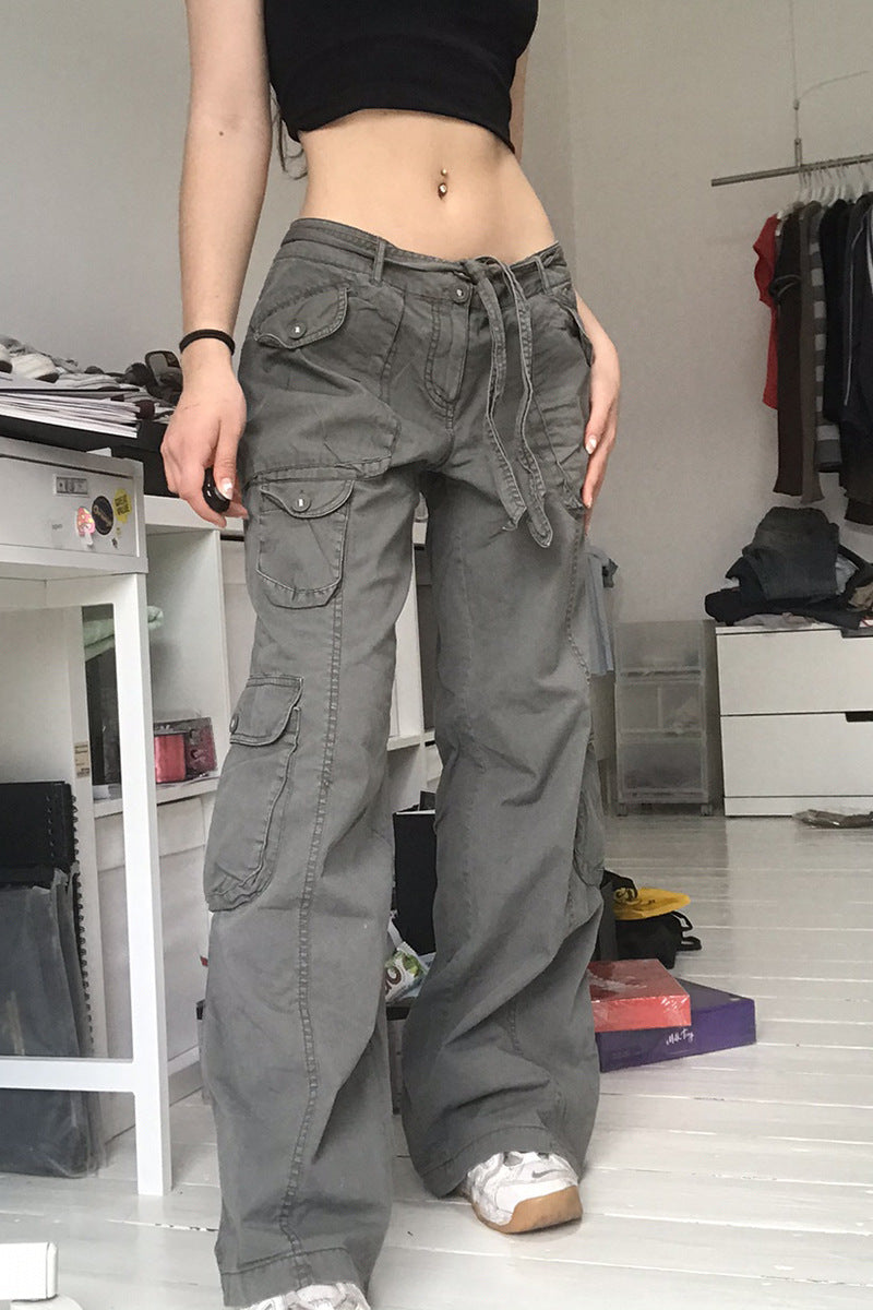 European and American trend: women's clothing, casual street style, loose waistband, high waist, multiple pockets, gray wide leg