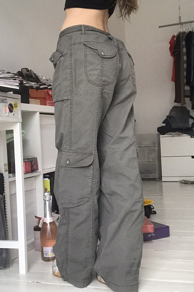 European and American trend: women's clothing, casual street style, loose waistband, high waist, multiple pockets, gray wide leg
