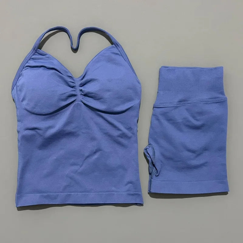 NoLogo Women 2 Piece Yoga Outfit Seamless Strappy Bra High Waist Butt Lifting Scrunch Shorts Gym Activewear